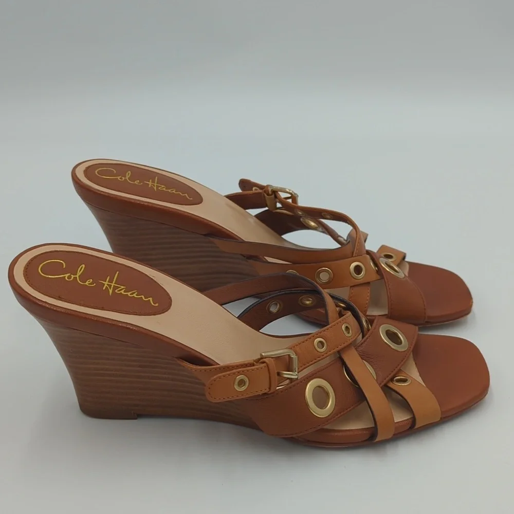 Cole Haan Whitney Wedge Leather Sandals 7.5B Brown Eyelet Strappy Slip On Women